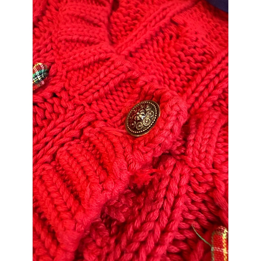 Vintage 90s GAP XL Red Cable Knit Cardigan Sweater Plaid Ribbon Weave 100% Cott - Picture 6 of 10